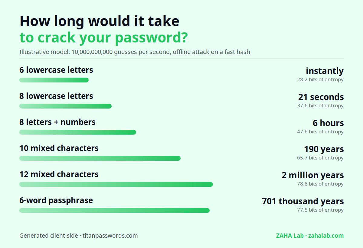 Chart: estimated time to crack passwords by pattern, from instantly for 6 lowercase letters to thousands of years for a 12-character mixed password or a 4-word passphrase
